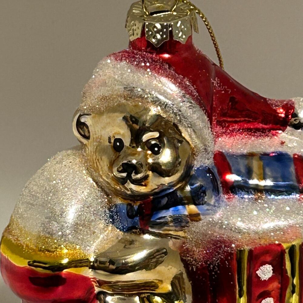 Glass Ornament Bear Train Far East Brokers 5.5" Christmas Holiday Red Gold Case